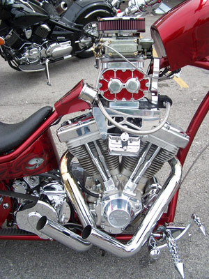 Unusually supercharged V-twin chopper, engine close-up, right side.