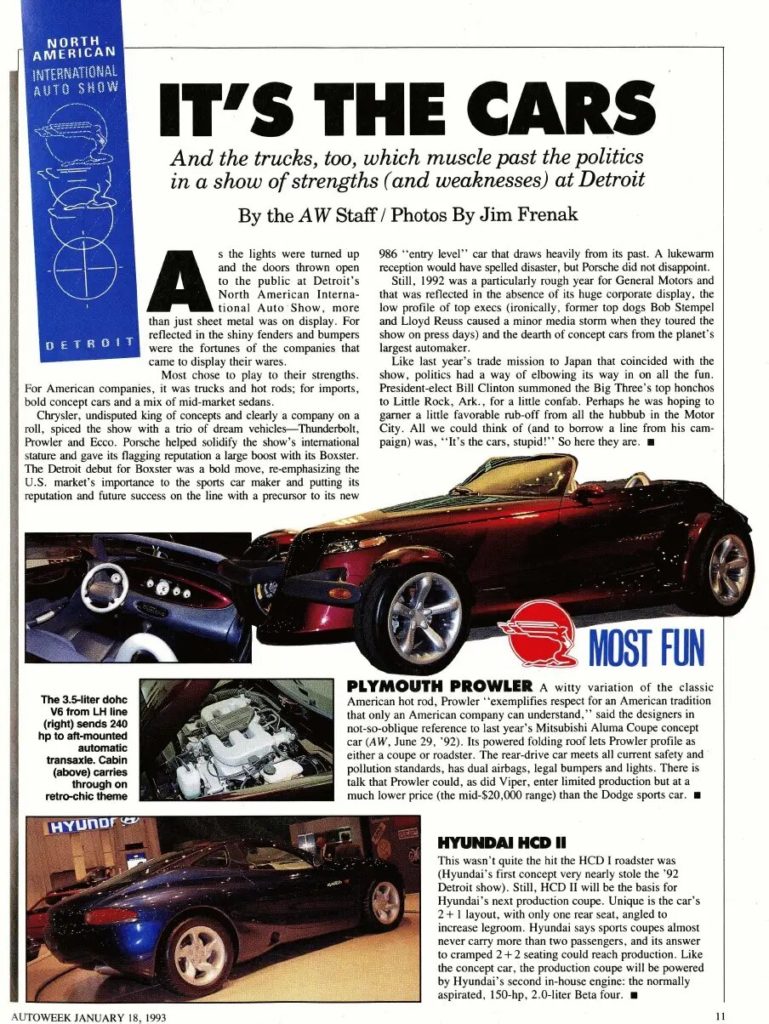 Plymouth Prowler Concept Vehicle in the Autoweek January 1993 issue.