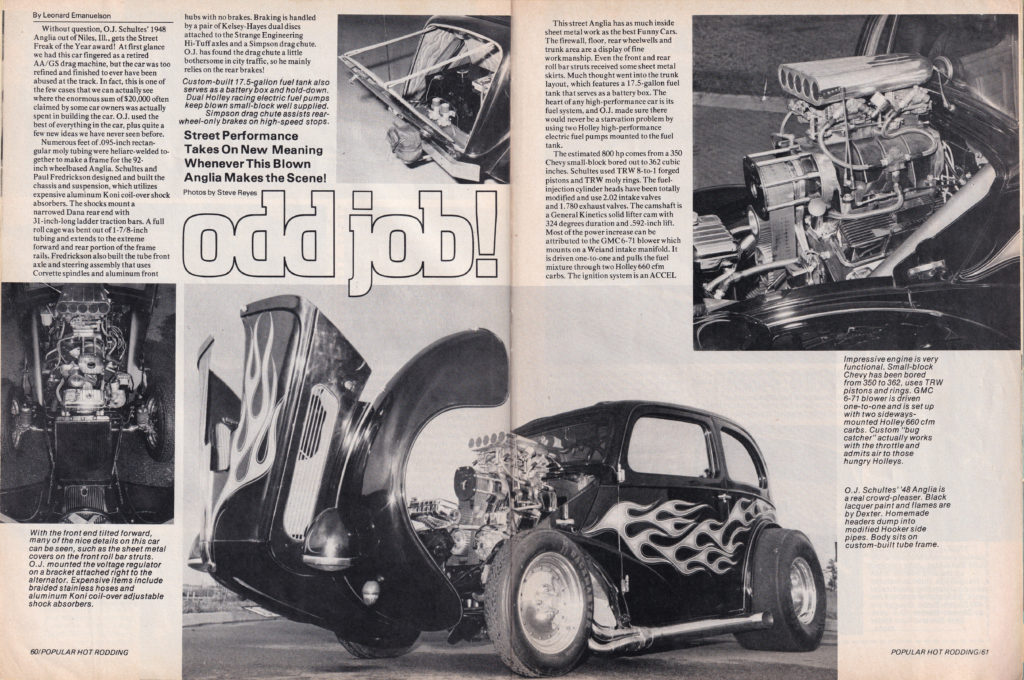 Скан статьи про Odd Job - 1948 Ford Anglia - из журнала Popular Hot Rodding, ноябрь, 1975, страницы 1 и 2.