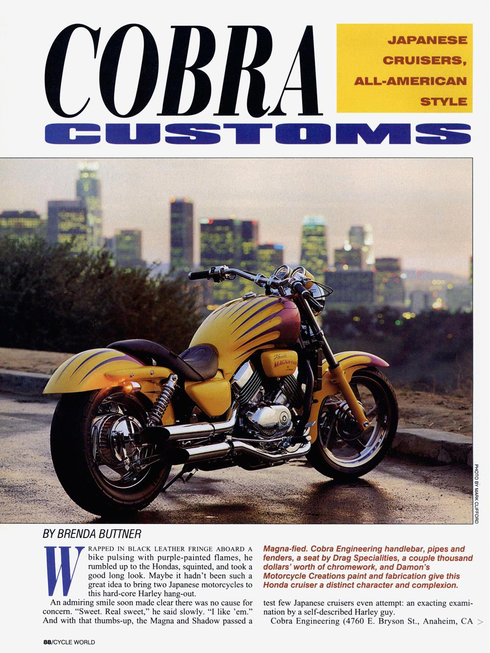 Статья из журнала Cycle World про два кастомных мотоцикла из мастерской Cobra Customs, страница 1.