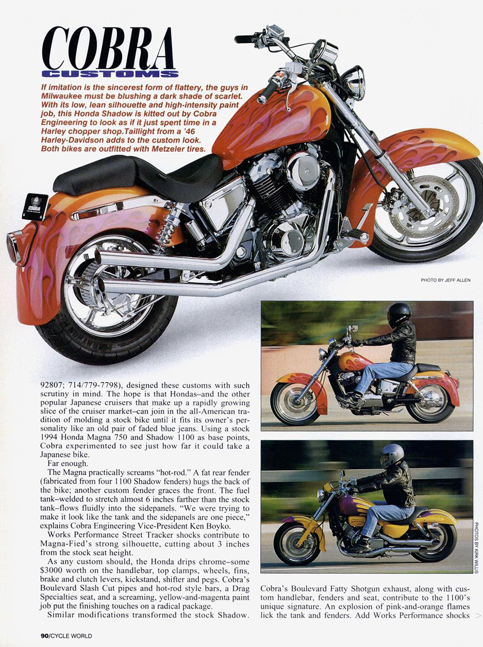 Статья из журнала Cycle World про два кастомных мотоцикла из мастерской Cobra Customs, страница 2.