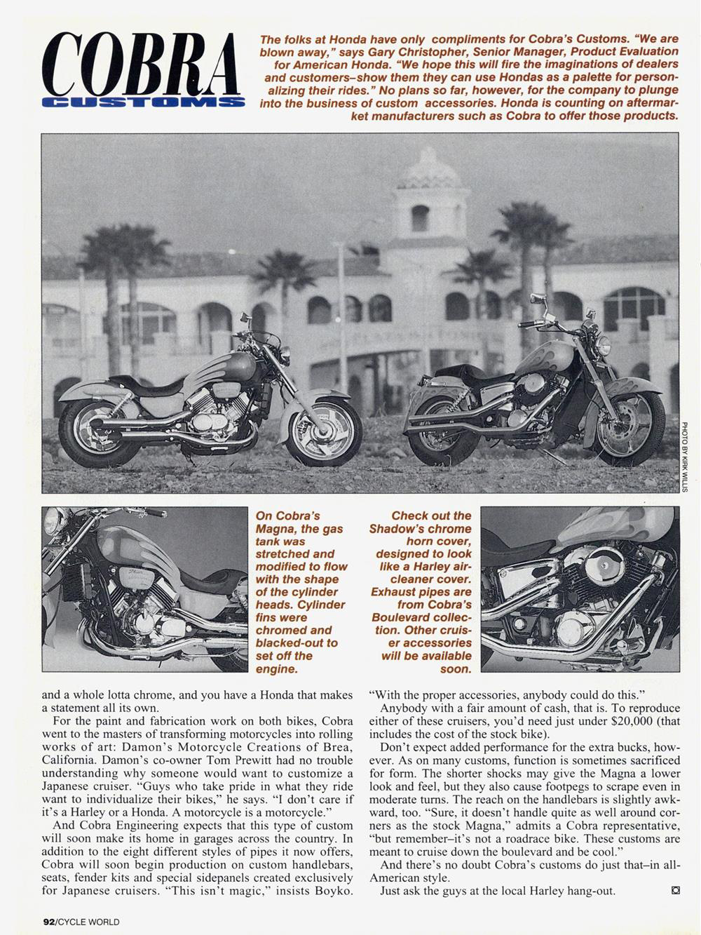 Статья из журнала Cycle World про два кастомных мотоцикла из мастерской Cobra Customs, страница 3.
