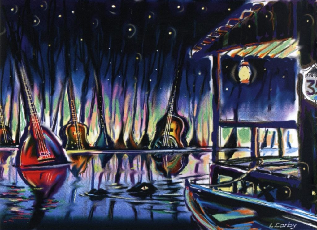 картина с гитарами и инструментами из буклета альбома Джона Фогерти Blue Moon Swamp