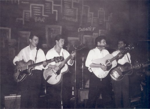 The Jets, The Top Ten Club, Hamburg, 1960. Pete Wharton (bass), Colin Melander (guitar), Tony Sheridan (guitar), Rick Hardy (guitar)